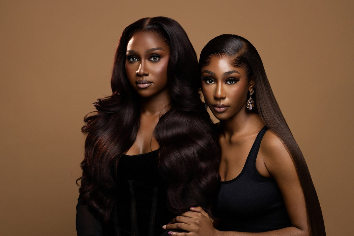 Two women wearing sleek, undetectable lace wig installs styled with beautybyAdefunkeee lace essentials